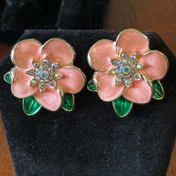 Pink, Orange, Green Glazed, Glossy, Enamel, Crystal Flower Shaped Stud Earrings - Picture 5 of 6